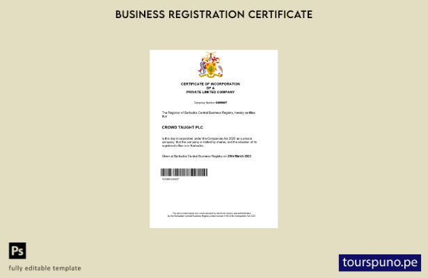 listo para imprimir plantilla de certificado de registro de Barbados Plantilla d